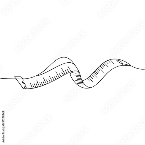 A single continuous line drawing depicts a flexible, wavy measuring tape, symbolizing precision, tailoring, and the art of measurement in a minimalist style.