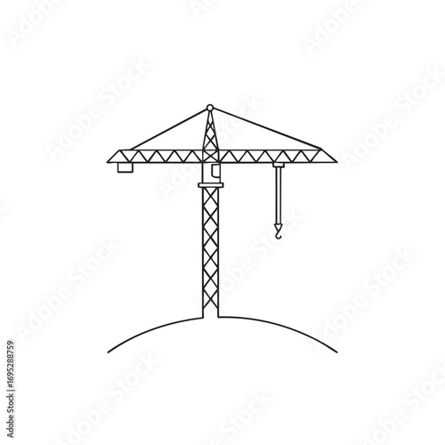 A minimalist black and white line art illustration depicts a towering construction crane actively working on a new building project, symbolizing progress and urban development.