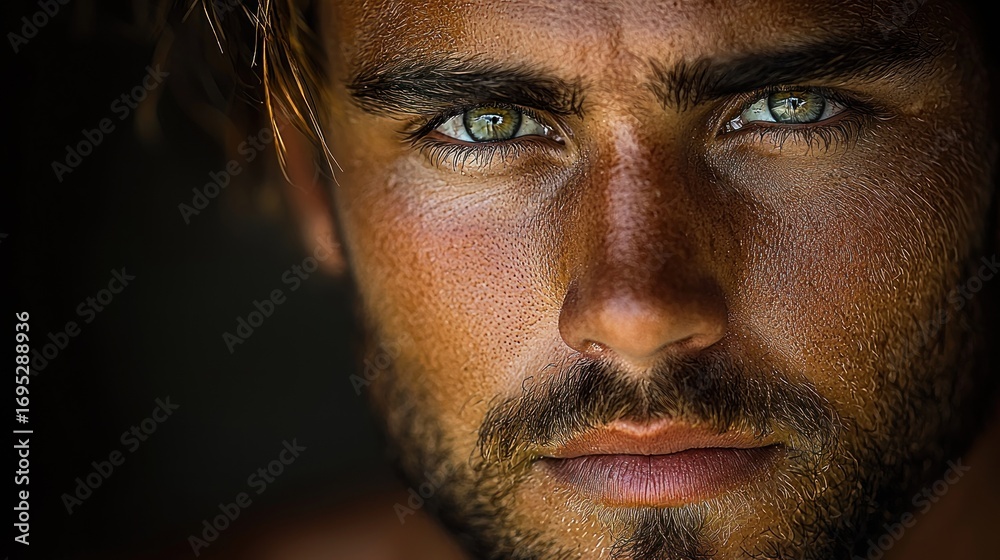 Obraz premium Close-up portrait of a man with intense gaze. Sun-kissed complexion, defined facial features, and captivating eyes