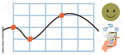 Chart with fluctuating curve, data points, phone depicting feedback sharing, and smiling face. Ideal for progress monitoring, analytics, feedback, customer satisfaction, data collection performance