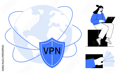 Shield with VPN label symbolizing secure connection, globe with orbit lines, person using laptop, hand holding currency. Ideal for cybersecurity, privacy, online safety, global connectivity