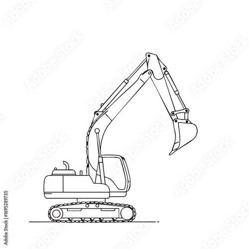 A detailed line art illustration of a powerful hydraulic excavator, commonly used for digging and earthmoving tasks on construction sites.
