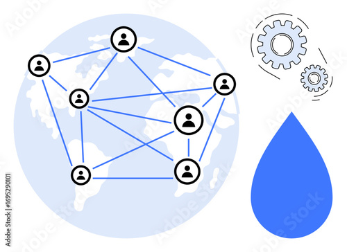 World map with connected people, gears symbolizing process optimization, and water drop representing resources. Ideal for teamwork, cooperation, sustainability, global networks, resource sharing