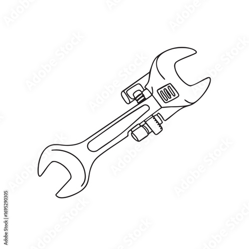 This minimalist line art illustration showcases a versatile adjustable wrench, a fundamental hand tool essential for various repair and maintenance tasks.