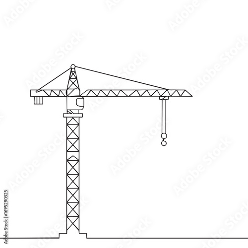 A sleek, continuous line art illustration of a towering construction crane, symbolizing urban development, progress, and modern industrial engineering.