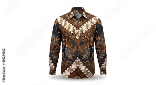 A man's batik shirt, featuring intricate patterns in brown and navy blue.