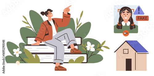 Woman seated outdoors on a bench with greenery pointing forward, fake content warning with alert icon and face, simple house illustration. Ideal for awareness, messaging, safety, misinformation