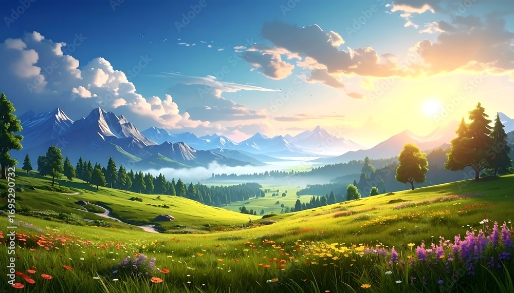 Obraz premium Lush mountain landscape at sunrise (4)