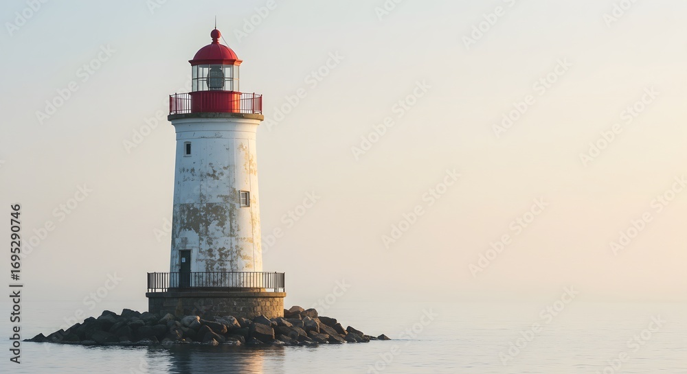 A weathered, white lighthouse with a red cap stands tall on a rocky island in the calm, misty ocean at sunrise. A weathered, white lighthouse with a red cap stands tall on a rocky island in the calm, misty ocean at sunrise.