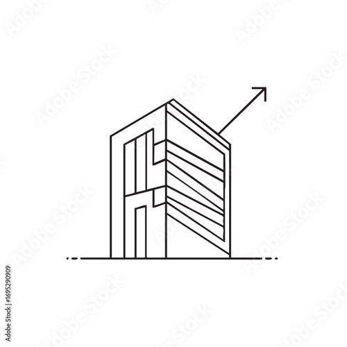 A stylish, minimalist line art illustration features a modern architectural structure with an upward arrow, signifying progress, innovation, and urban expansion.