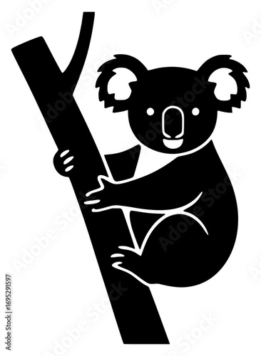 Silhouette of a koala clinging to a tree branch