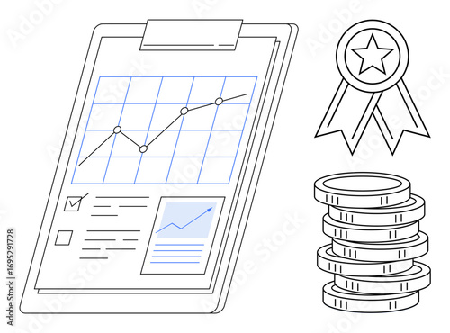 Performance report with upward graph, checklist, rising coins, and achievement badge. Ideal for business, success, finance, analysis productivity performance and goal setting. A simple flat