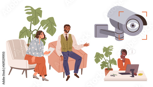 Two colleagues discuss work in a modern office lounge while a receptionist works at her desk under surveillance. Ideal for office safety, security, workspace design, teamwork, productivity