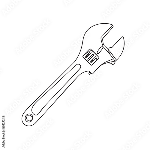 A crisp, continuous line art illustration of an adjustable crescent wrench, a versatile hand tool essential for various mechanical and repair tasks.