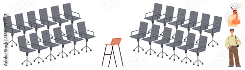Single orange chair stands out among identical gray chairs. Features male figure and creative character. Ideal for leadership, individuality, creativity, entrepreneurship, teamwork, innovation