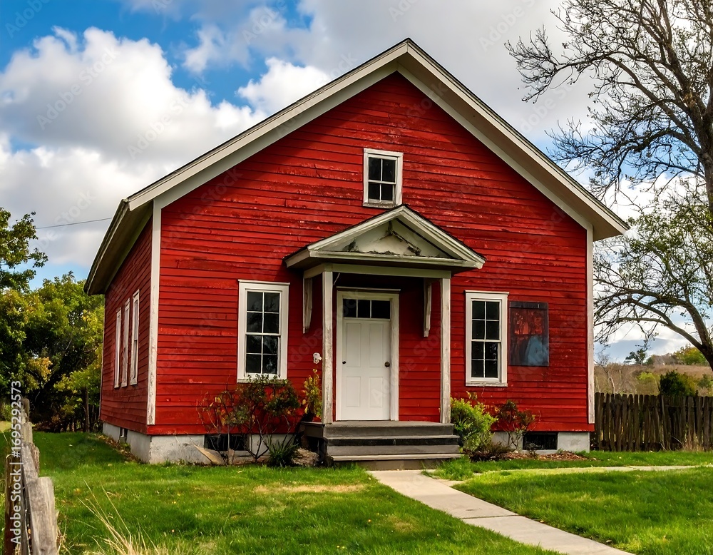 Obraz premium Red schoolhouse under a cloudy sky