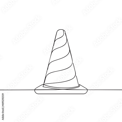 A minimalist continuous line drawing depicts a single traffic cone, symbolizing caution, road safety, and temporary construction work with a clean, modern aesthetic.