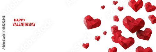 Red polygonal hearts scattered on a black background with " Happy Valentines Day" text love valentine's day isolated on a transparent background