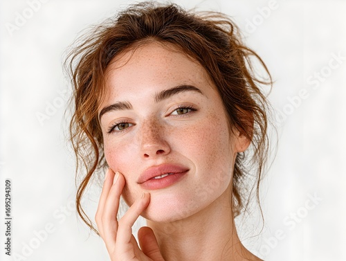 A beautiful young woman with freckles gently touches her face, showcasing her natural beauty and healthy skin.