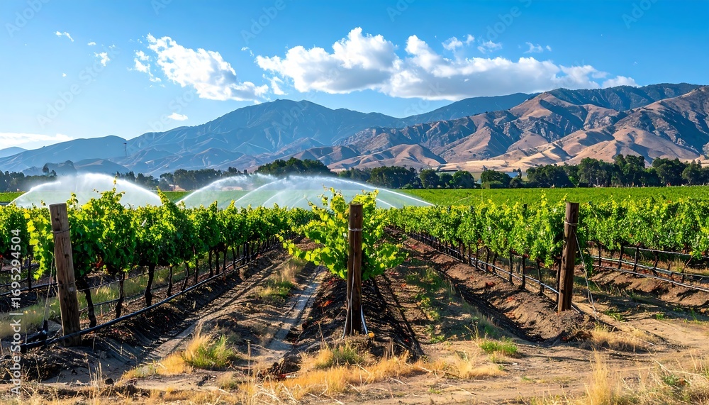 Naklejka premium Vineyard irrigation under a sunny sky