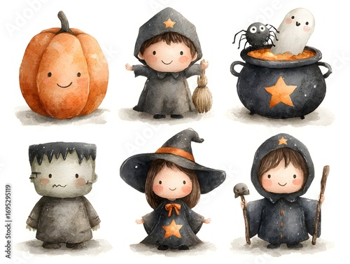 Adorable watercolor illustrations of Halloween characters including a pumpkin witch and little monster.