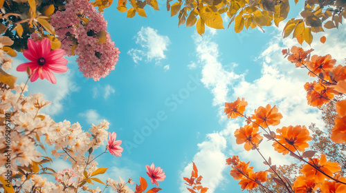 Vibrant flowers bloom against a bright blue sky, framing a hopeful, sunny day.