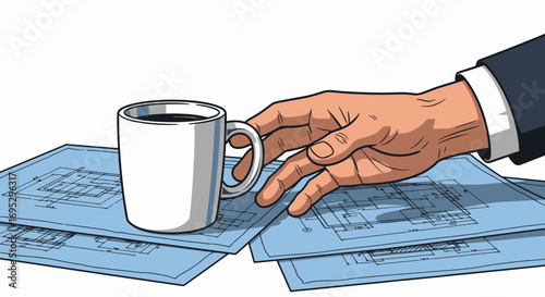 businessmans hand coffee break documents paperwork office desk