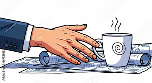 businessmans hand on blueprints, coffee mug, planning, project, architecture, design, engineering, construction, strategy, idea