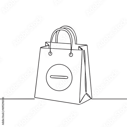 Minimalist continuous line art drawing of a shopping bag featuring a prominent minus sign, symbolizing removal or reduction in an e-commerce context.