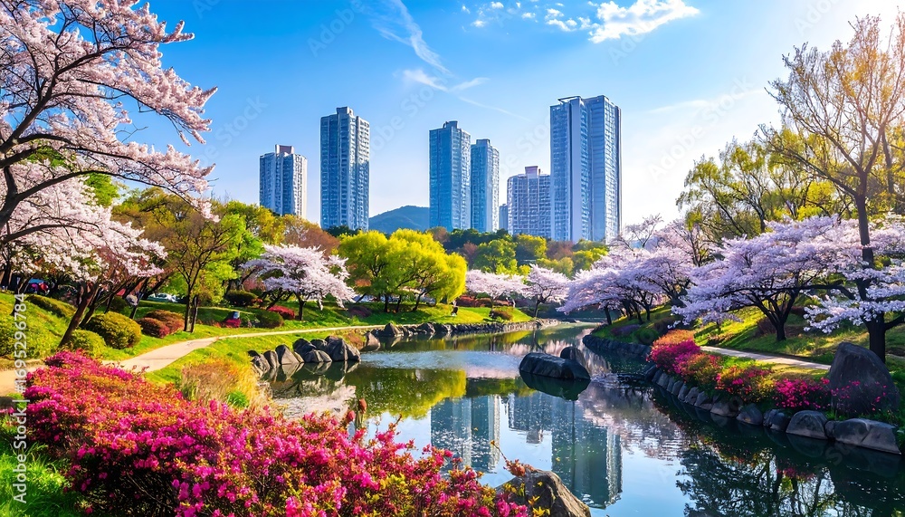 Fototapeta premium A serene park with blossoming cherry trees and modern city buildings reflects in a tranquil pond, showcasing a vibrant spring scene.