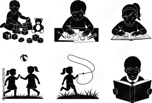 children, playing, reading, drawing, writing, skipping, rope, ball, games, learning, education, outdoor, indoor, activities, childhood, fun, kids, study, exercise, creativity