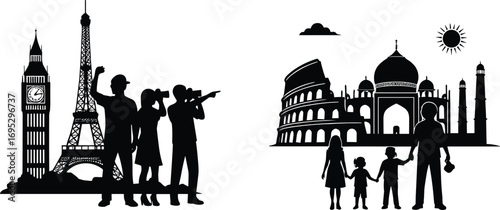 Black and white world travel landmarks illustration with tourists, famous monuments, cultural heritage, sightseeing family, global tourism concept, vacation adventure art