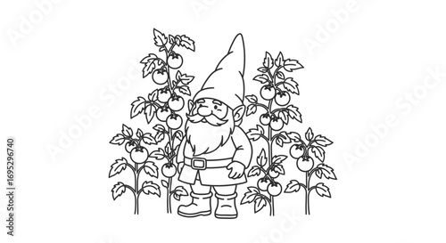 charming garden gnome with ripe tomatoes line art illustration of a whimsical gnome tending to his tomato plants