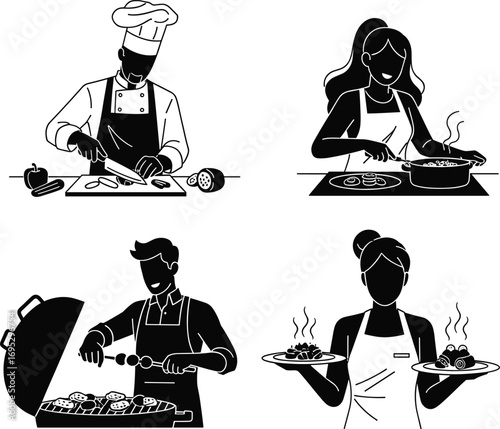 Professional chef cooking, woman stirring pan, man grilling barbecue, waitress serving hot food, culinary teamwork, kitchen preparation, restaurant and home cooking