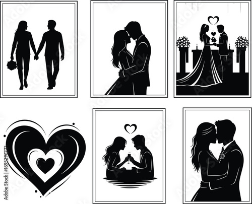 Romantic couple love illustrations, wedding ceremony art, kissing scenes, heart symbols, romantic dinner date, black and white romance vector design