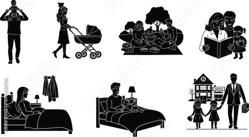 Family daily life activities illustration, parenting, childcare, education, leisure, bedtime, reading, picnic, school routine, black and white drawing, lifestyle concept