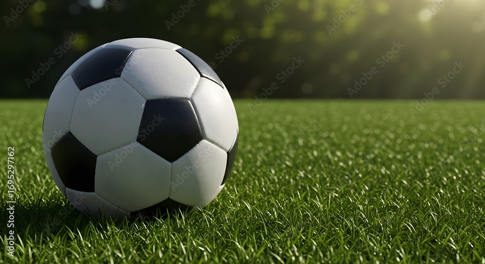 Naklejka premium A soccer ball sits on a lush, green grass field, bathed in sunlight, ideal for sports or recreational concept