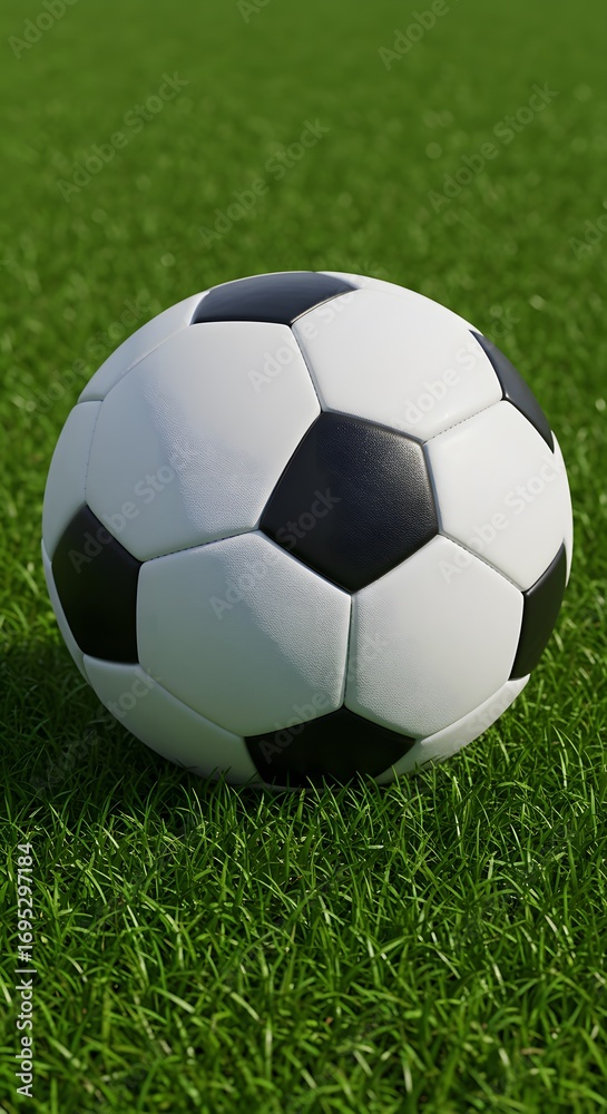 Fototapeta premium A soccer ball resting on a green grass field, perfect for sports, recreation, and competition. The ball is designed with iconic black and white pentagons and hexagons.