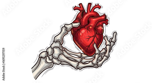 Anatomical heart held in a skeleton hand artistic vector illustration symbolic of mortality and