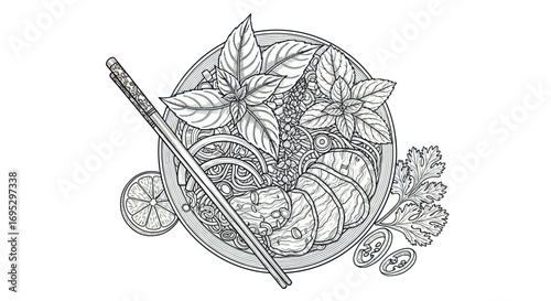 Detailed line art depiction of a culinary masterpiece: Asian noodle soup with meat