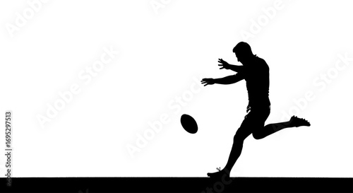 Dynamic silhouette capturing the essence of a rugby player in mid-kick against plain background