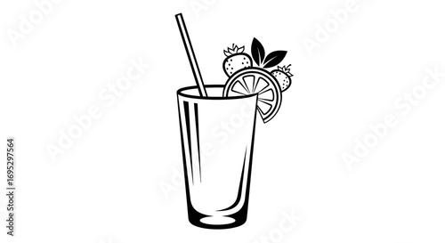 Elegant black and white line art depicting a refreshing summer beverage creation