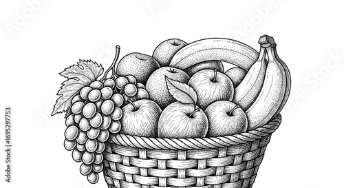 Engraved fruit basket illustration featuring grapes apples and bananas in a detailed vector style
