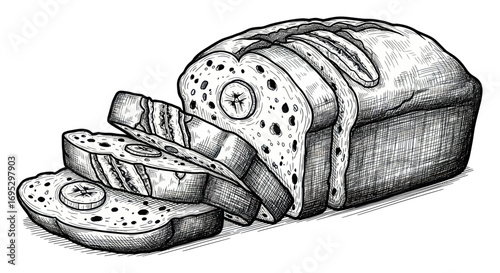 Hand-drawn illustration of a loaf of banana bread with slices cut revealing banana pieces inside