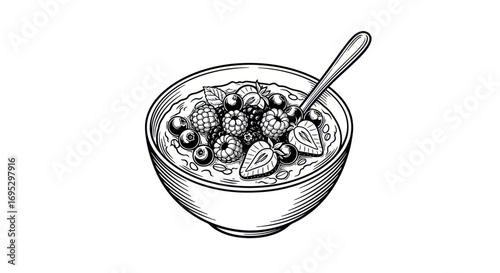 Hand-drawn illustration of a nutritious breakfast bowl with fresh seasonal berries offering a