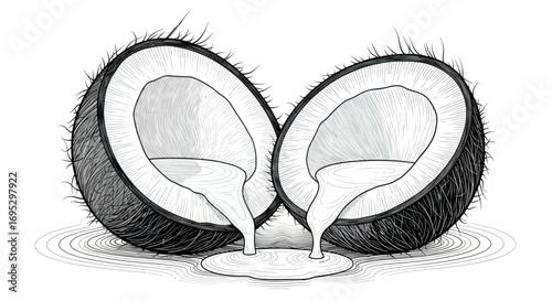 Hand-drawn illustration of halved coconuts pouring liquid into concentric circles design