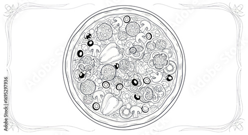 Hand-drawn pizza with pepperoni mushrooms olives peppers ready to be colored for a delicious meal