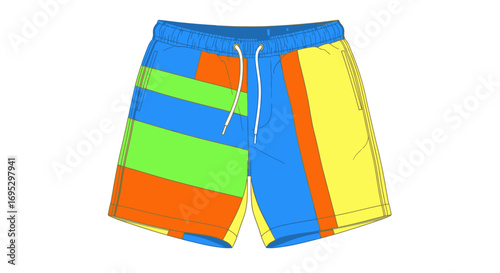 colorful mens swim trunks, summer shorts, beachwear, geometric pattern, holiday apparel