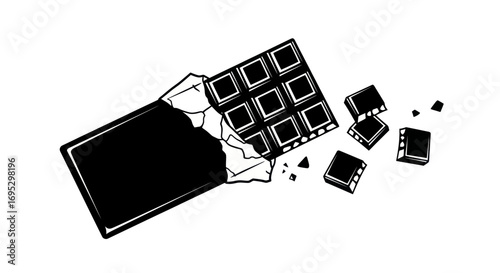 Minimalist illustration of a dark chocolate bar with broken pieces on a white background