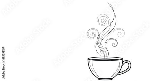 Minimalist illustration of steaming beverage in white cup with swirling vapor trails